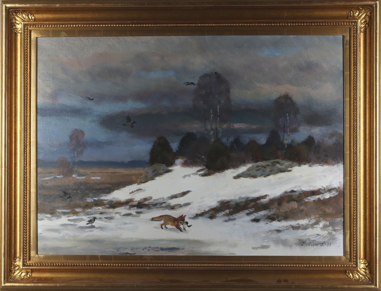 LINDORM LILJEFORS. Räv med byte i vårvinterlandskap, olja på duk, signerad samt daterad -80.
