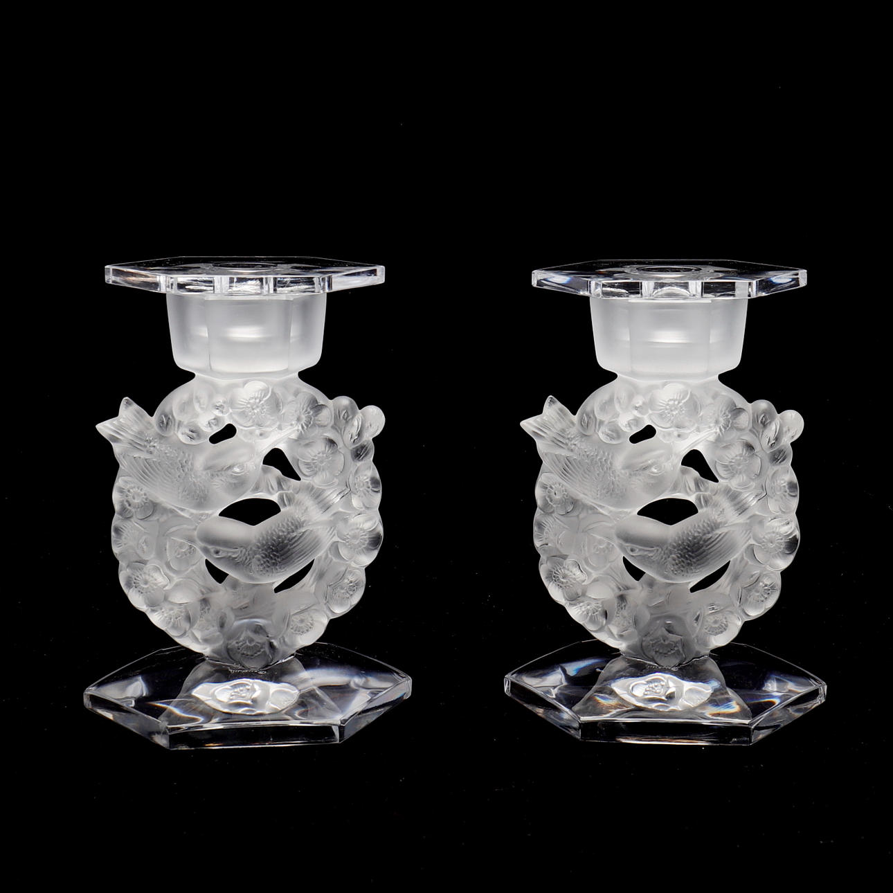 CANDLESTICKS WITH CUFFS, A PAIR, “MESANGES”, LALIQUE.