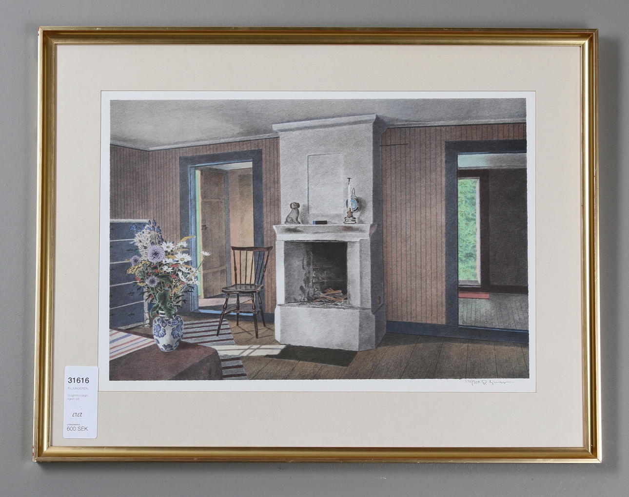 R.LJUNGGREN. Stugintriör,färglitografi.