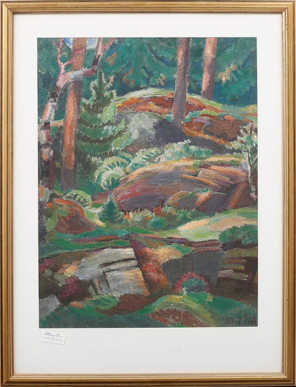 ALBERT ELDH. Forest motif, gouache on paper, signed.