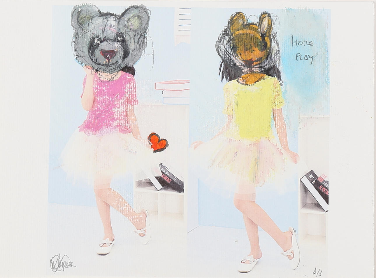 ROBERTO LÓPEZ MARTIN. Painted print, "Fluffy children" signed.