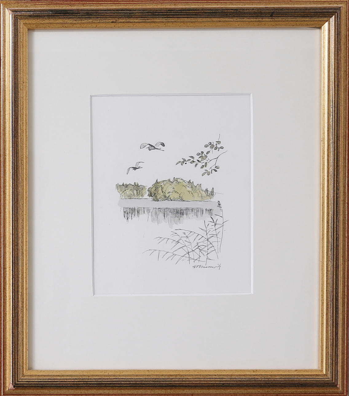 GUNNAR BRUSEWITZ. Fåglar över sjö, akvarell, signerad.