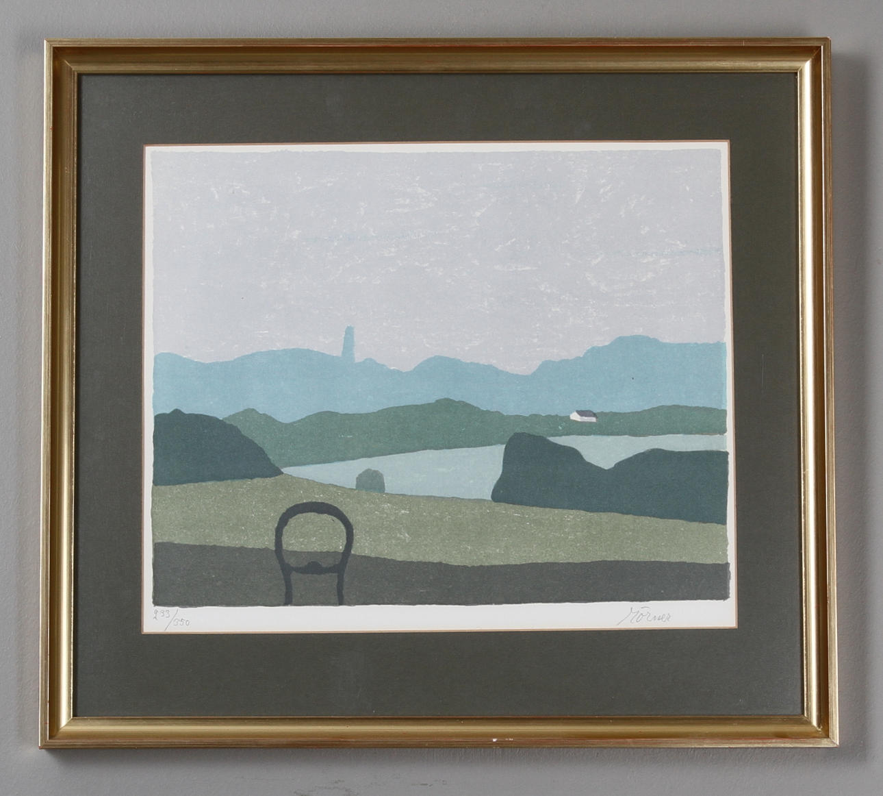 STELLAN MÖRNER. Havsvik med stol,Färglito. sign.