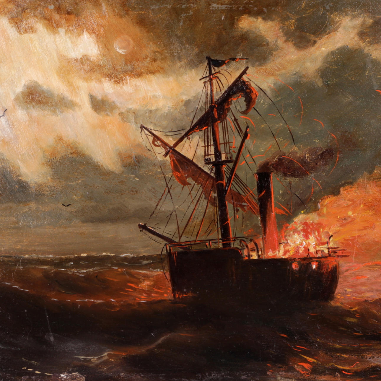OIDENTIFIERAD KONSTNÄR. Olja på pannå, fartyg i brand.