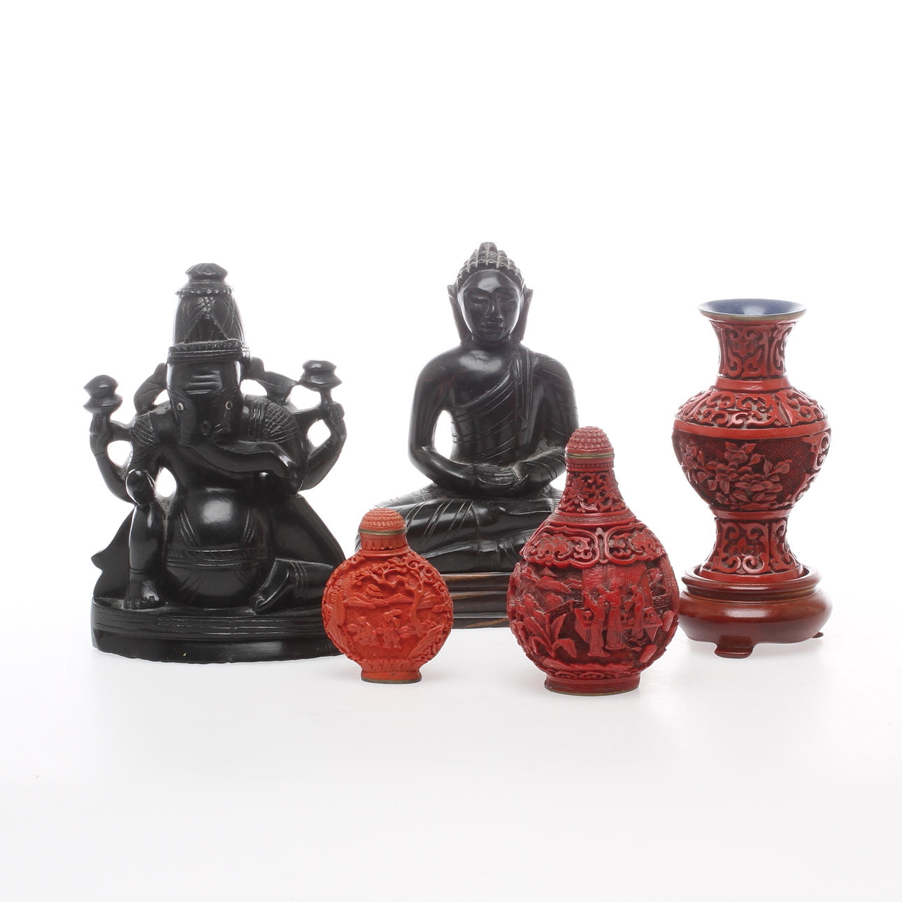 PARTI ASIATIKA, 5 delar, trä samt lackarbeten, 1900-tal.