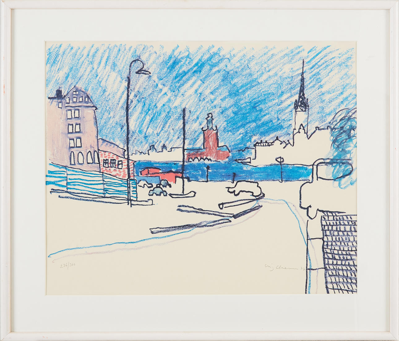 STIG (SLAS) CLAESSON. View from Söder Mälarstrand towards Stadshuset - Stockholm, signed and dated 77. 236/300.