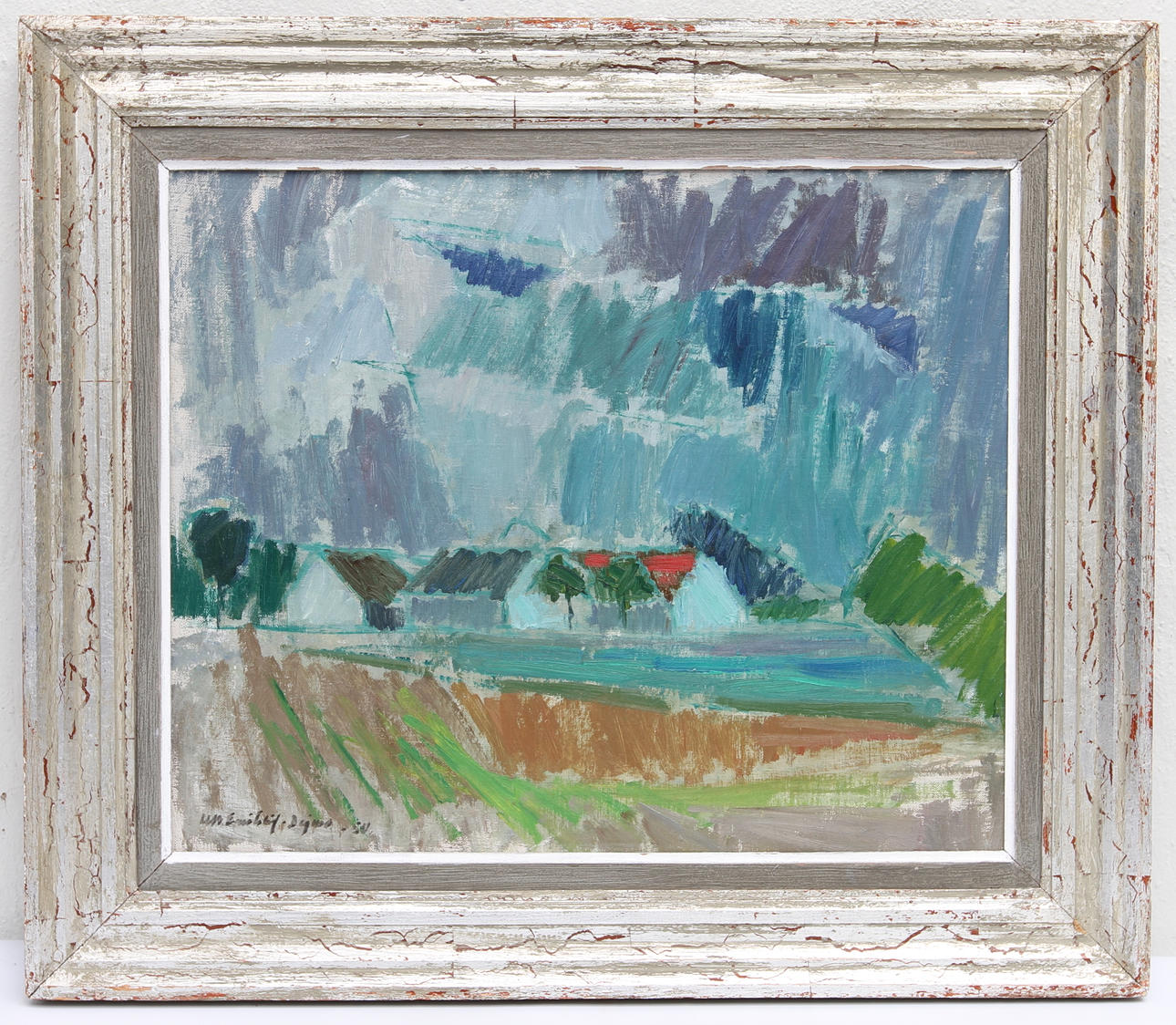 ULLA-BRITTA EMITSLÖF-DEJMO. Landskap med hus. Olja på duk, signerad -50.