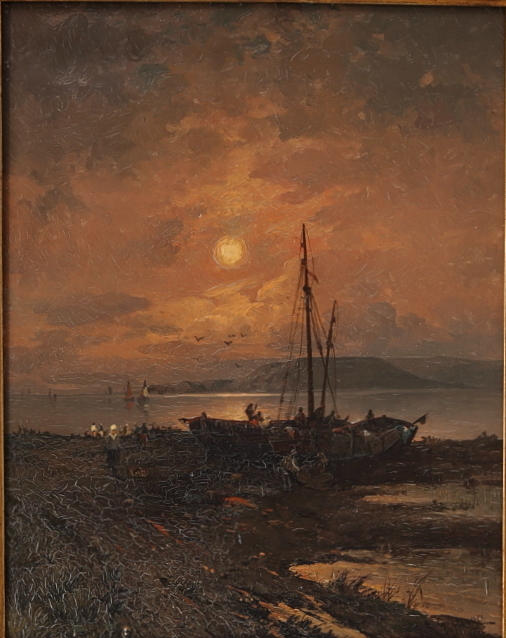 RUDOLF GIFFINGER. Olja på pannå, båt i solnedgång, signerad daterad 1887.