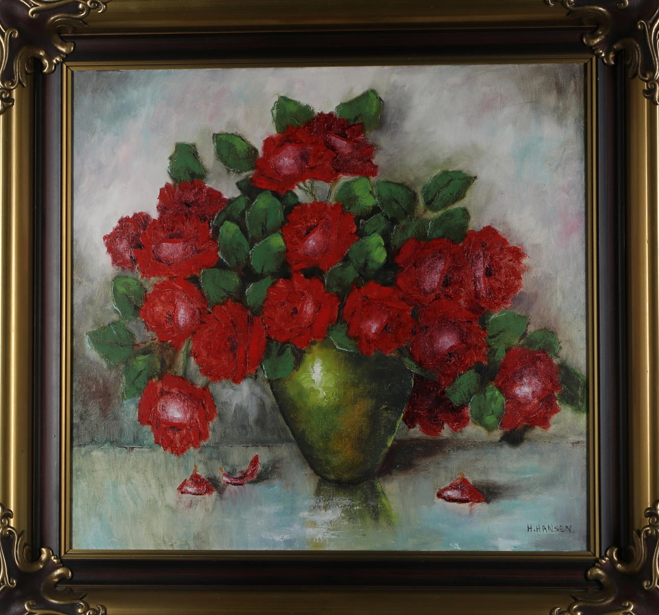 H HANSEN. Blommor i kruka, olja på duk, signerad H Hansen.