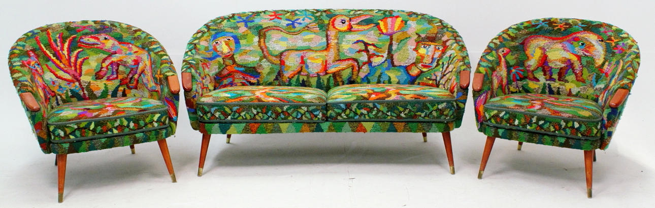 SITTGRUPP, 3 delar, Stjärnmöbler, Ragnar Helsén, klädsel av Siri Søger.