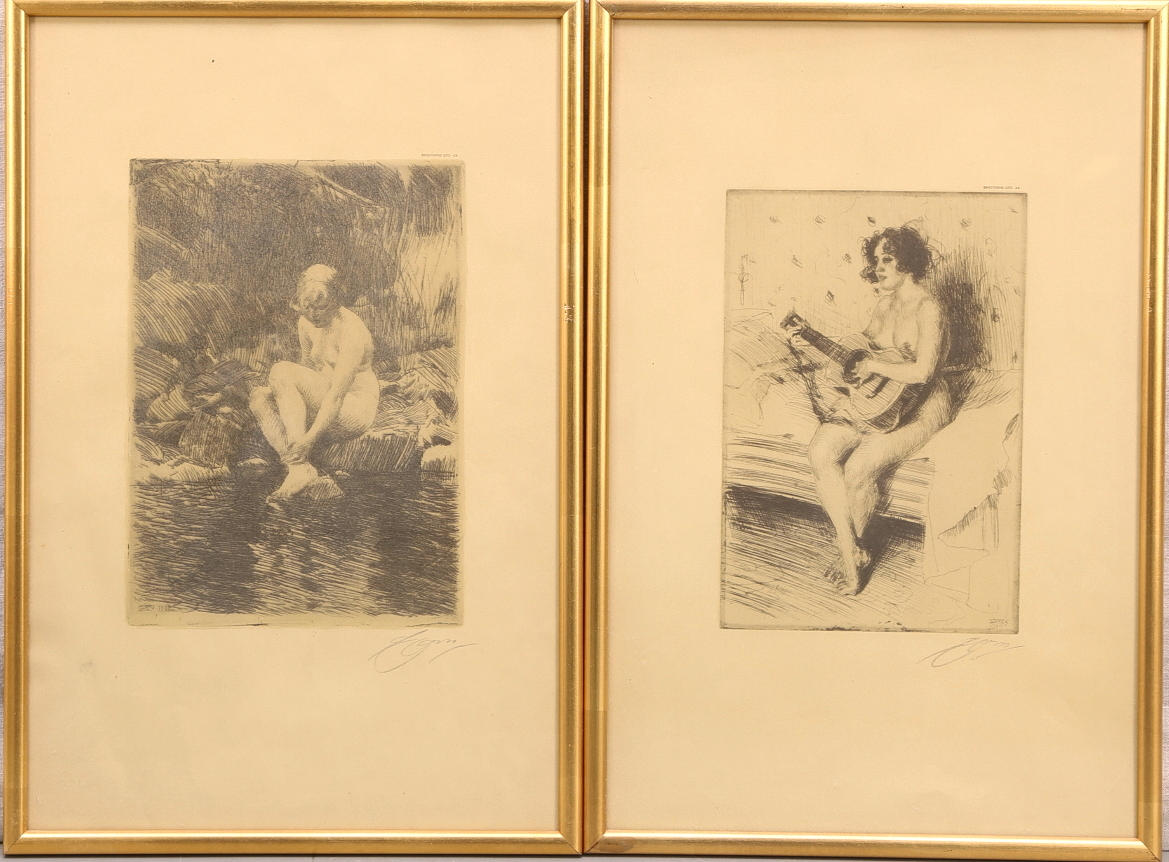ANDERS ZORN. EFTER. Litografiskt tryck av etsning, 2 st, Bengtssons Lito.