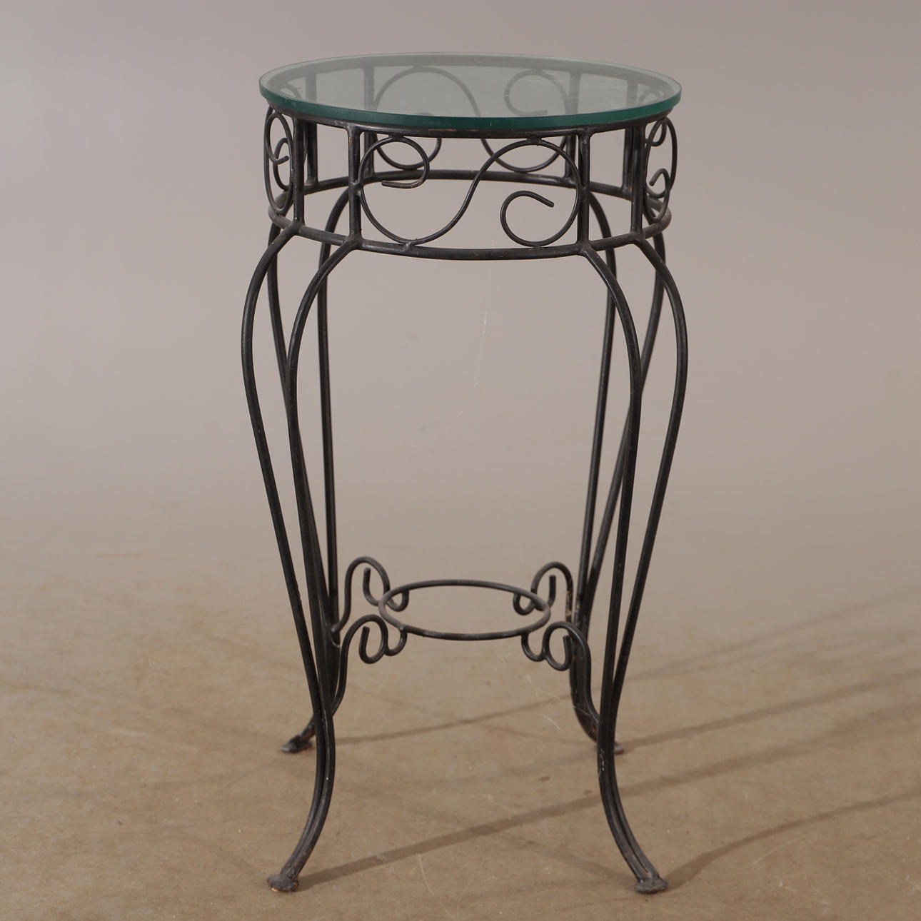 GARDEN TABLE, wrought with glass top.