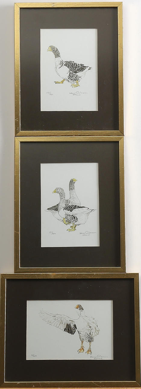 HASSE ANDERSSON. Färglitografier, 3 st, gäss, signerad samt numrerad.