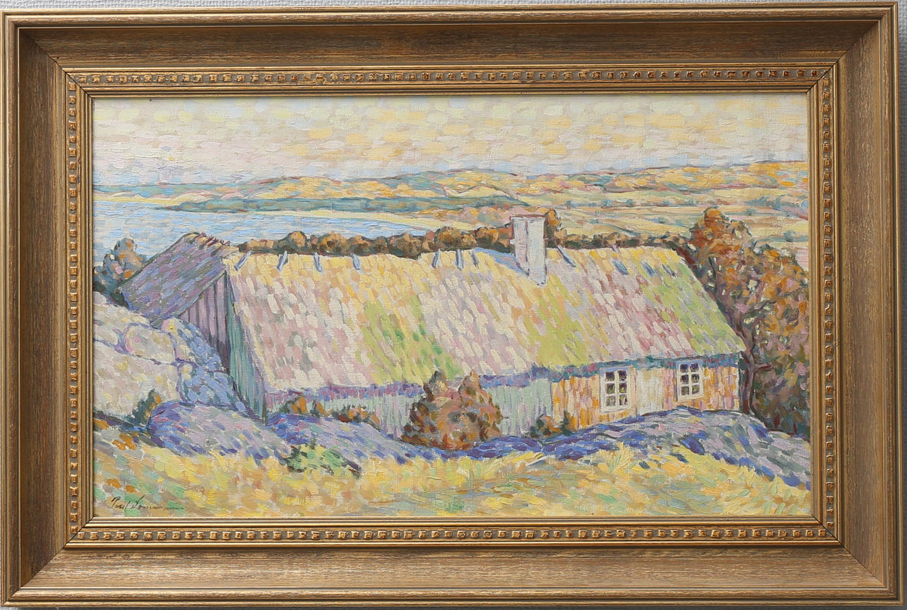 PAUL SOMMARIN. Landskap med hus, olja på duk, signerad.
