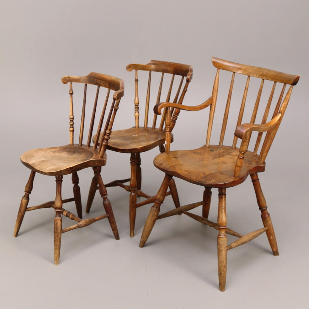 STOLAR 3 st, pinnstolar, karmstol, björk, 1800-/1900-tal.