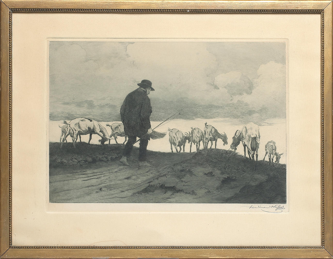 FERDINAND KARL GOLD. Herde med getter, etsning, signerad.