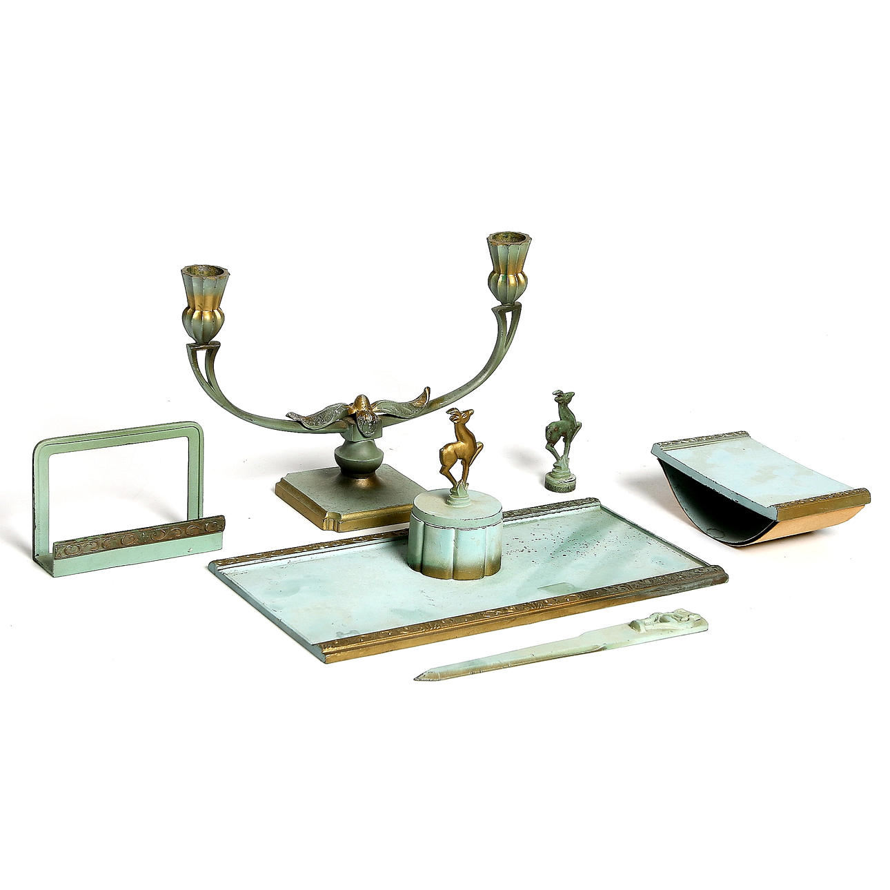 SKRIVBORDSET, grönpatinerad metall, 6 delar, Art Deco, Stjärnmetall. 1930-tal.