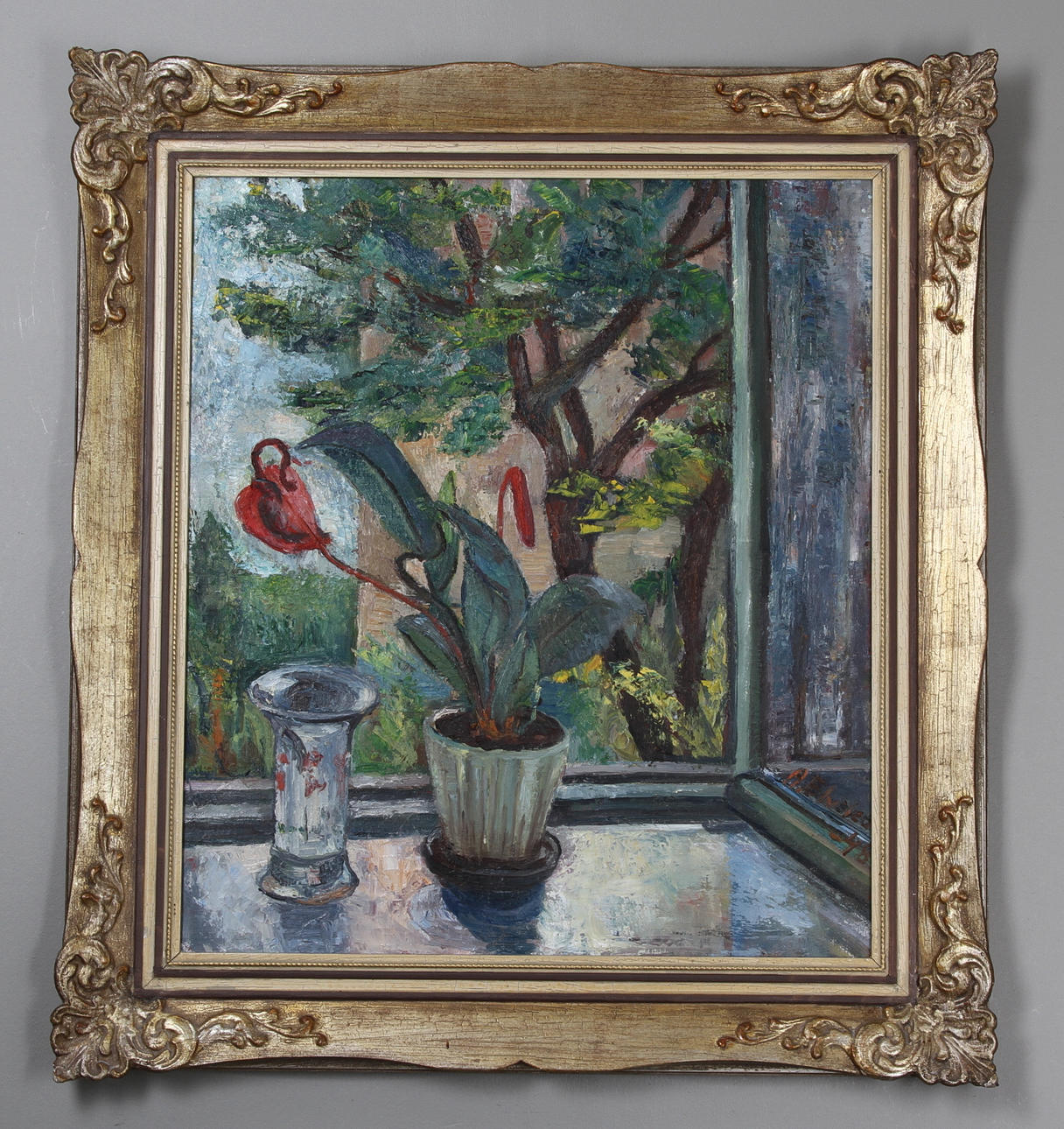 A ELVSTED. Stilleben med flamingon i fönster, olja på duk, sign.