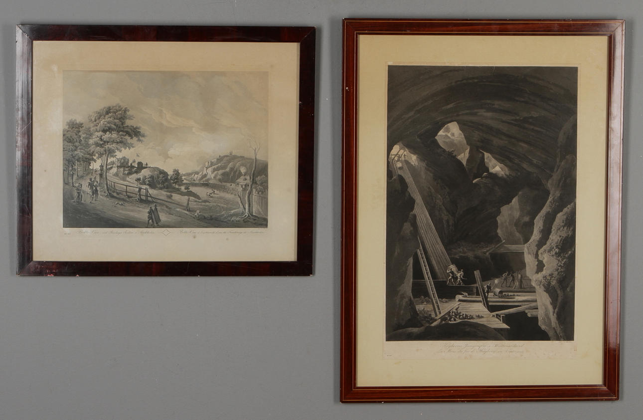 JOHAN FREDRIK MARTIN. "Högborns Jerngrufva i Westmanland", "Belle Vue vid Roslagstullen", grafiska blad, 1800-tal.