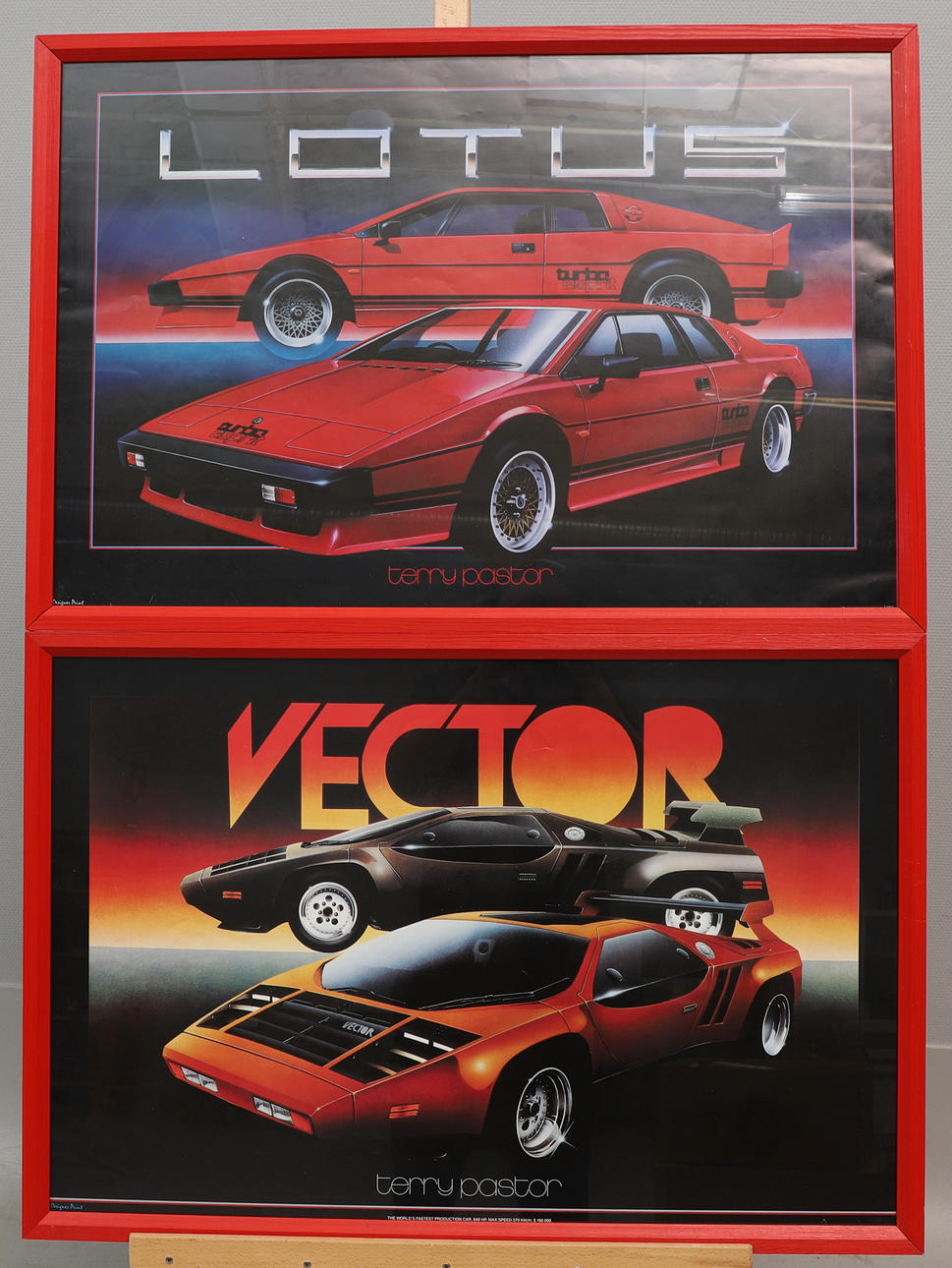 CAR POSTERS, 2 pcs, Lotus & Vector, Terry Pastor, 1980s.