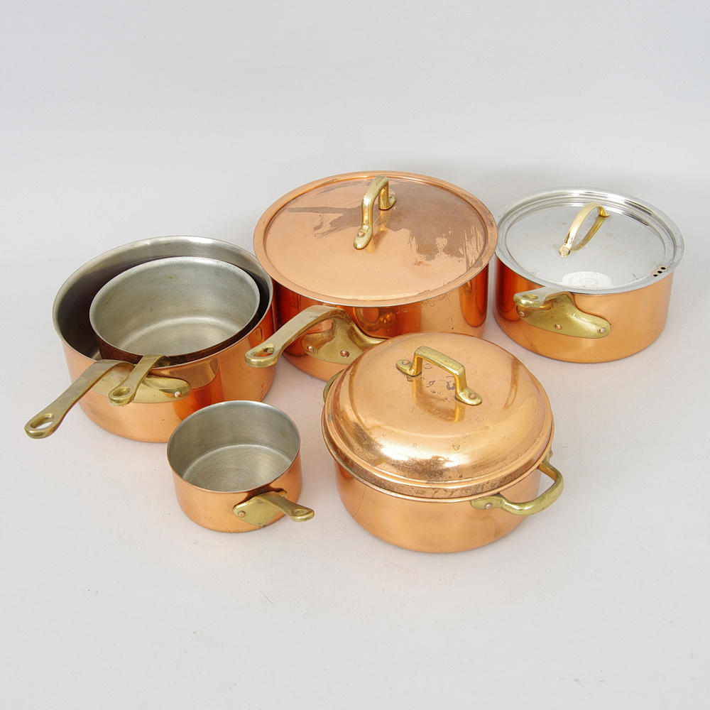 KASTRULLER, 6 stycken, koppar/mässing.