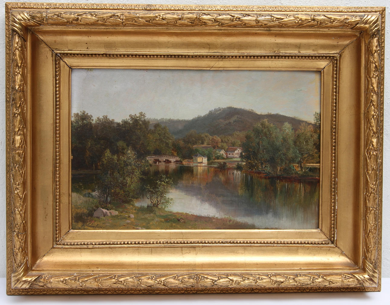 JOSEFINA HOLMLUND. Sjölandskap med bro. Olja på pannå, signerad.