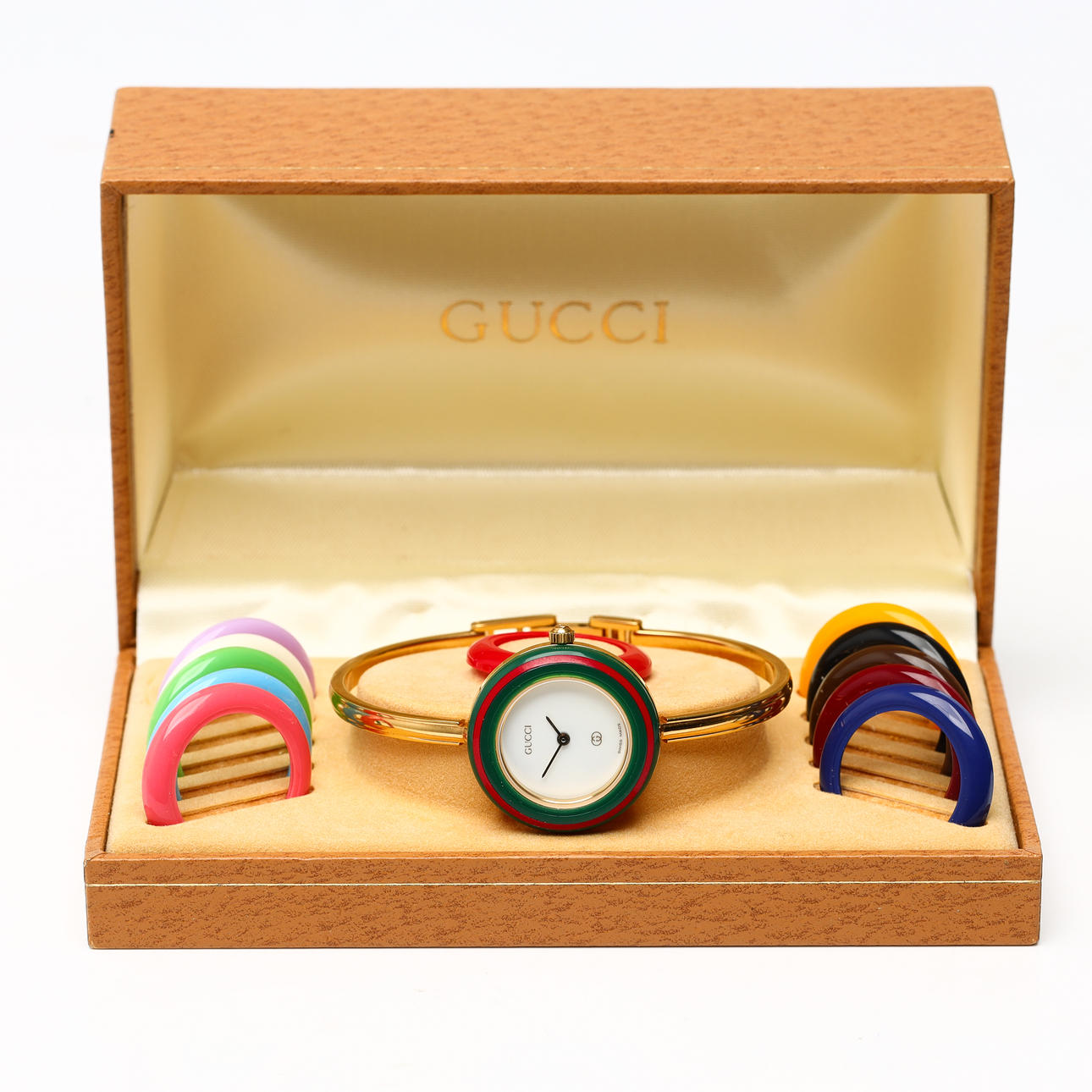 GUCCI, wristwatch, quartz, doublé, set with interchangeable rings, case.