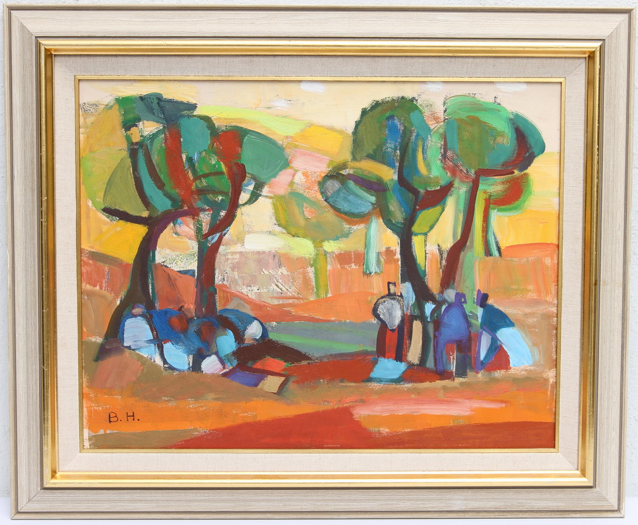 BRITA HANSSON. Nordafrikanskt landskap med figurer. Olja på pannå, signerad.