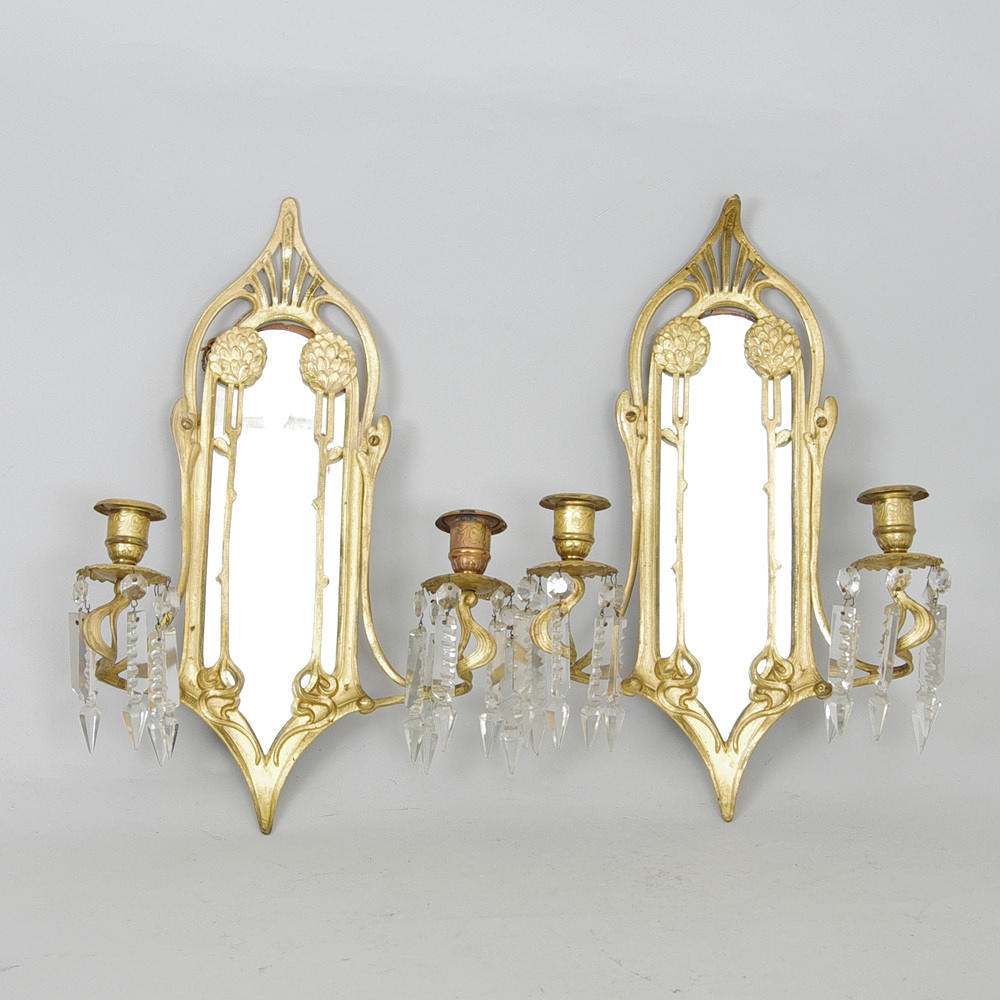 SPEGELLAMPETTER, 1 par, förgyllda med prismor, jugend.