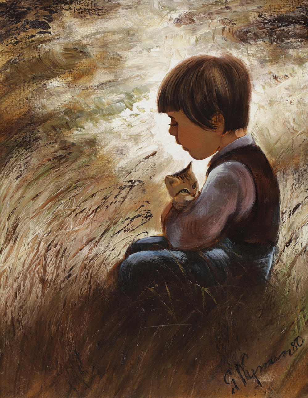 GUSTAF NYMAN. Boy with cat, oil on canvas, signed and dated 80.