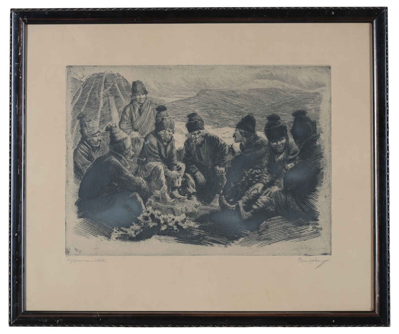 "Lappar som rådslår", etsning, signerad.