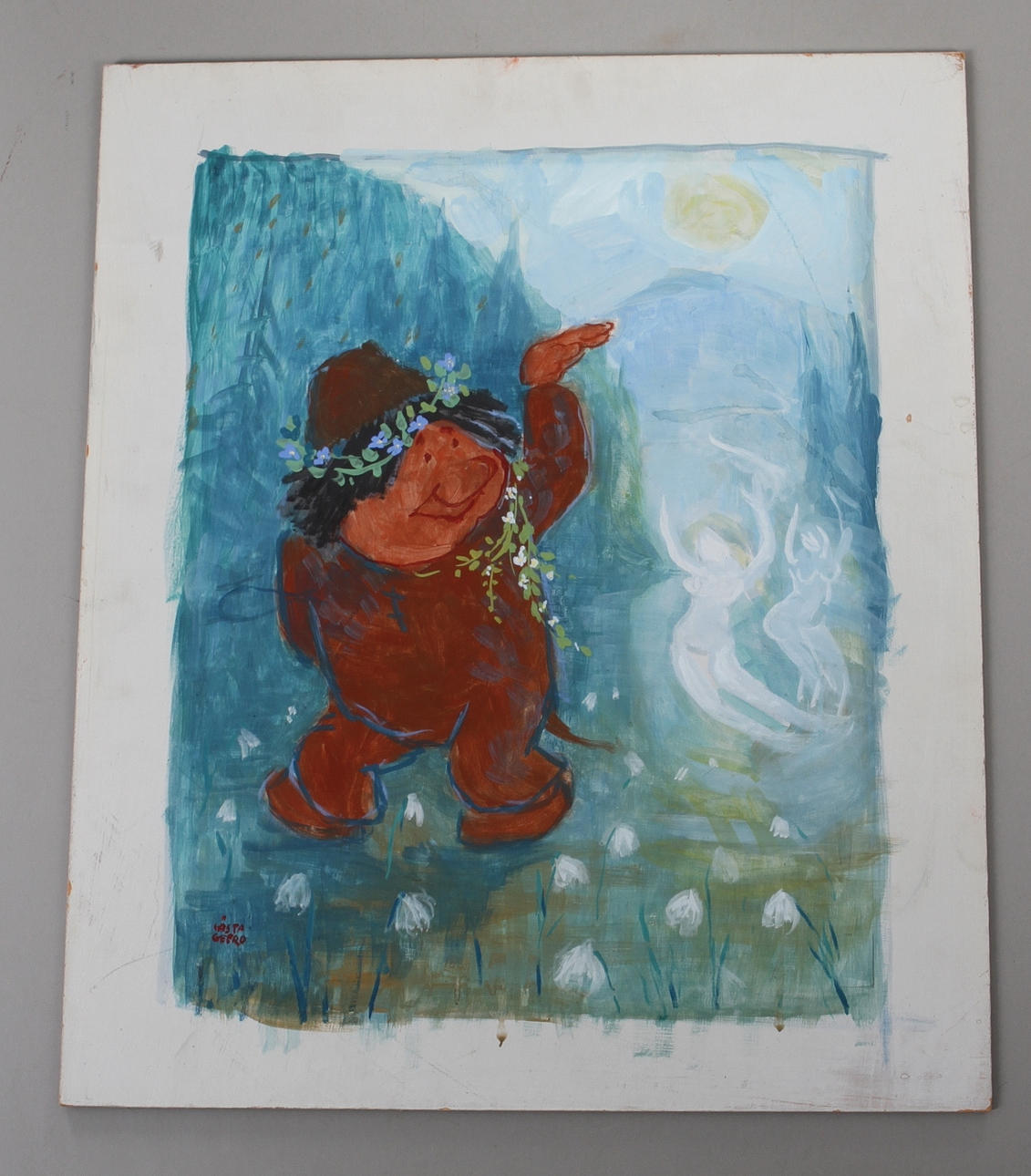 GÖSTA GEERD. Troll och älvor, blandteknik på pannå, signerad.