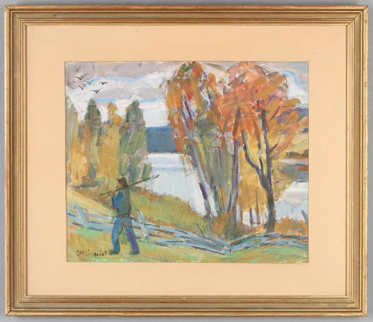 CARL MAGNUS LINDQVIST. Bonde i höstlandskap, blandteknik, signerad.