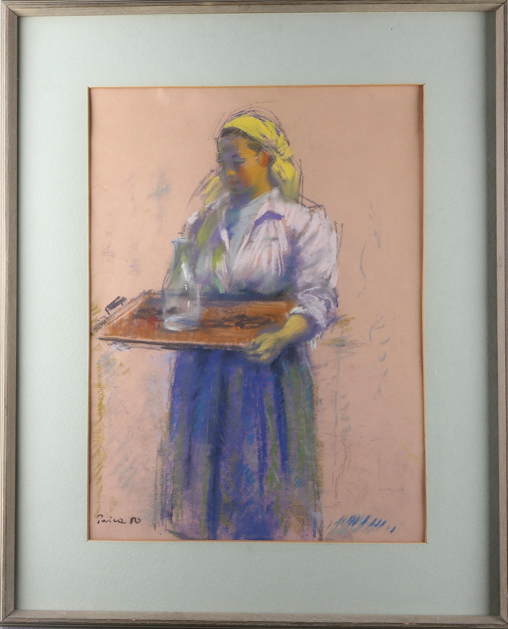 OIDENTIFIERAD KONSTNÄR. Flicka med dryck, pastell, signerad.