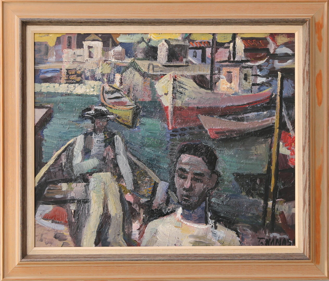 TADEUSZ KAMASA. Olja på pannå, hamnmotiv, signerad.