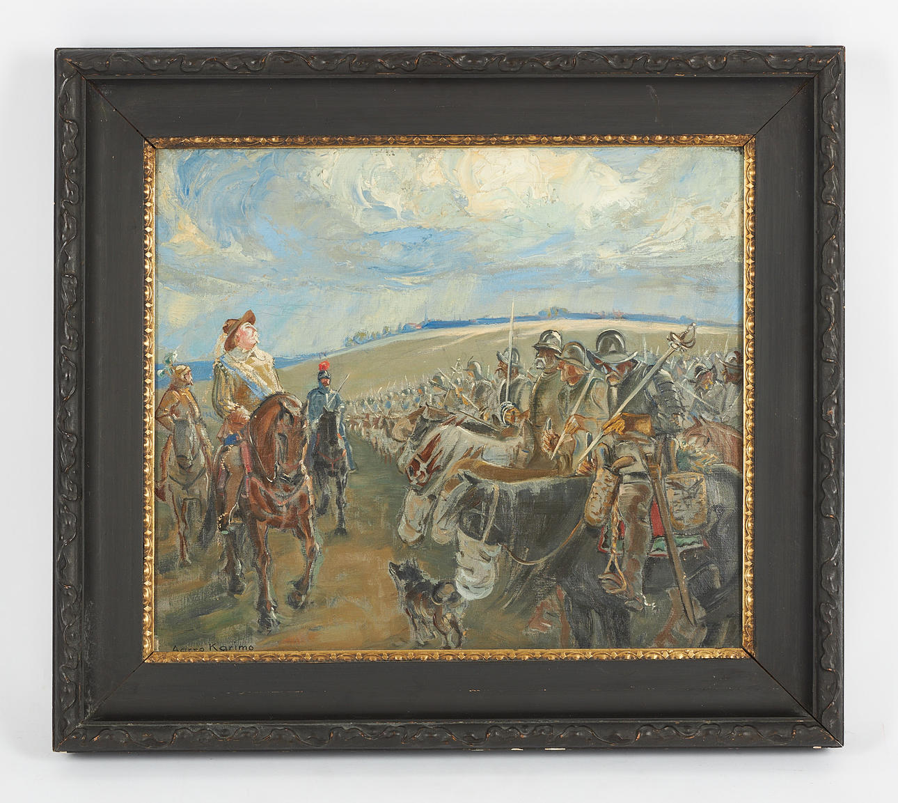 AARNO KARIMO. Gustav II Adolf and the Finnish cavalrymen, signed, oil ...