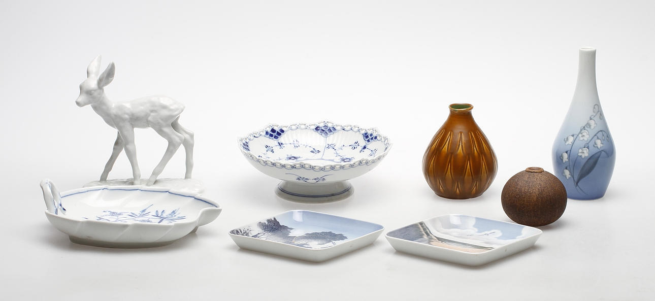 KERAMIK, 8 delar, bland annat Bobergs Fajansfabrik, Bing&Gröndahl, Royal Copenhagen, Meissen, 1900-tal.