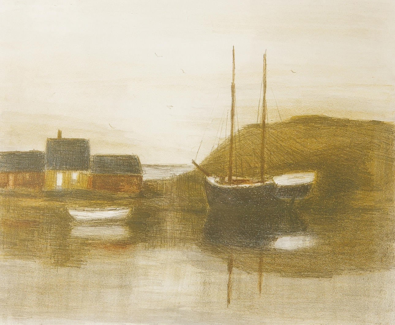 GUSTAV RUDBERG. Hamnmotiv, färglitografi, signerad.