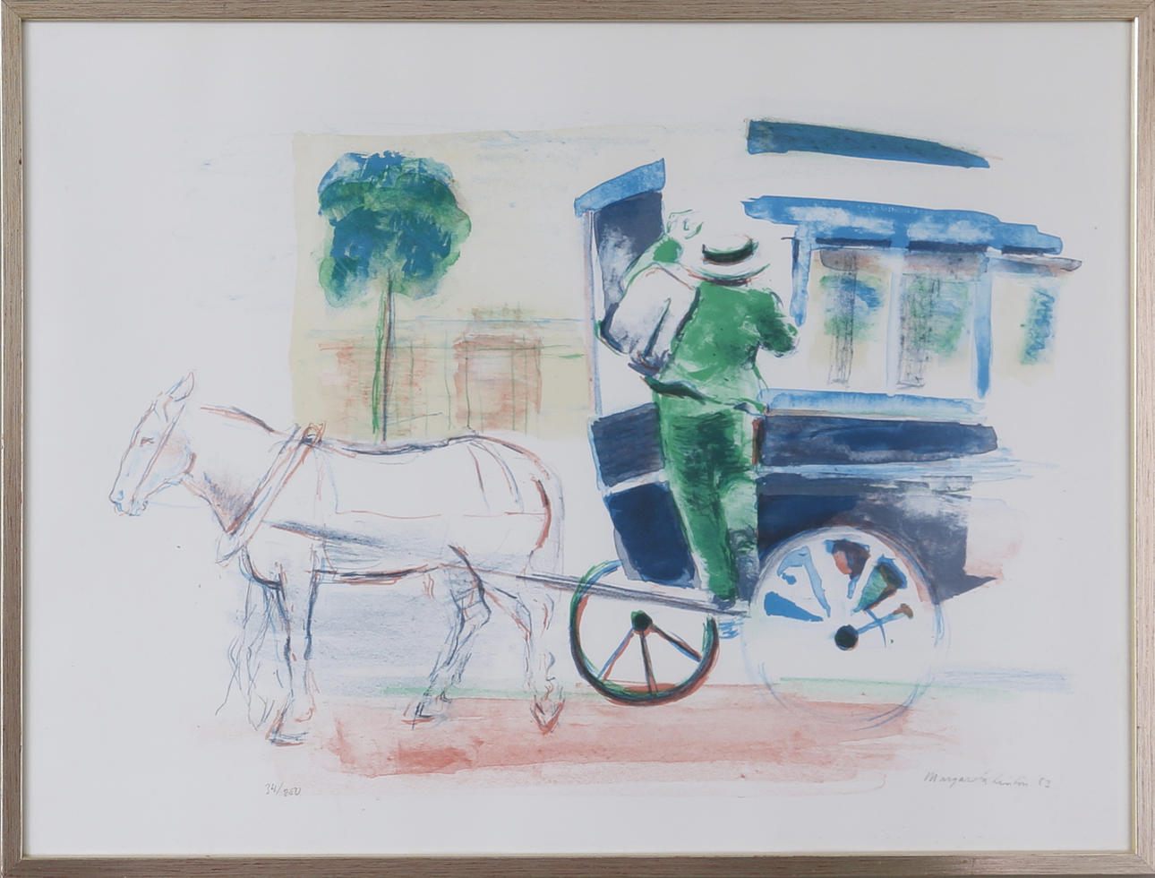 MARGARETHA LINTON. Häst och vagn, färglitografi, numrerad 34/250, signerad och daterad -83.