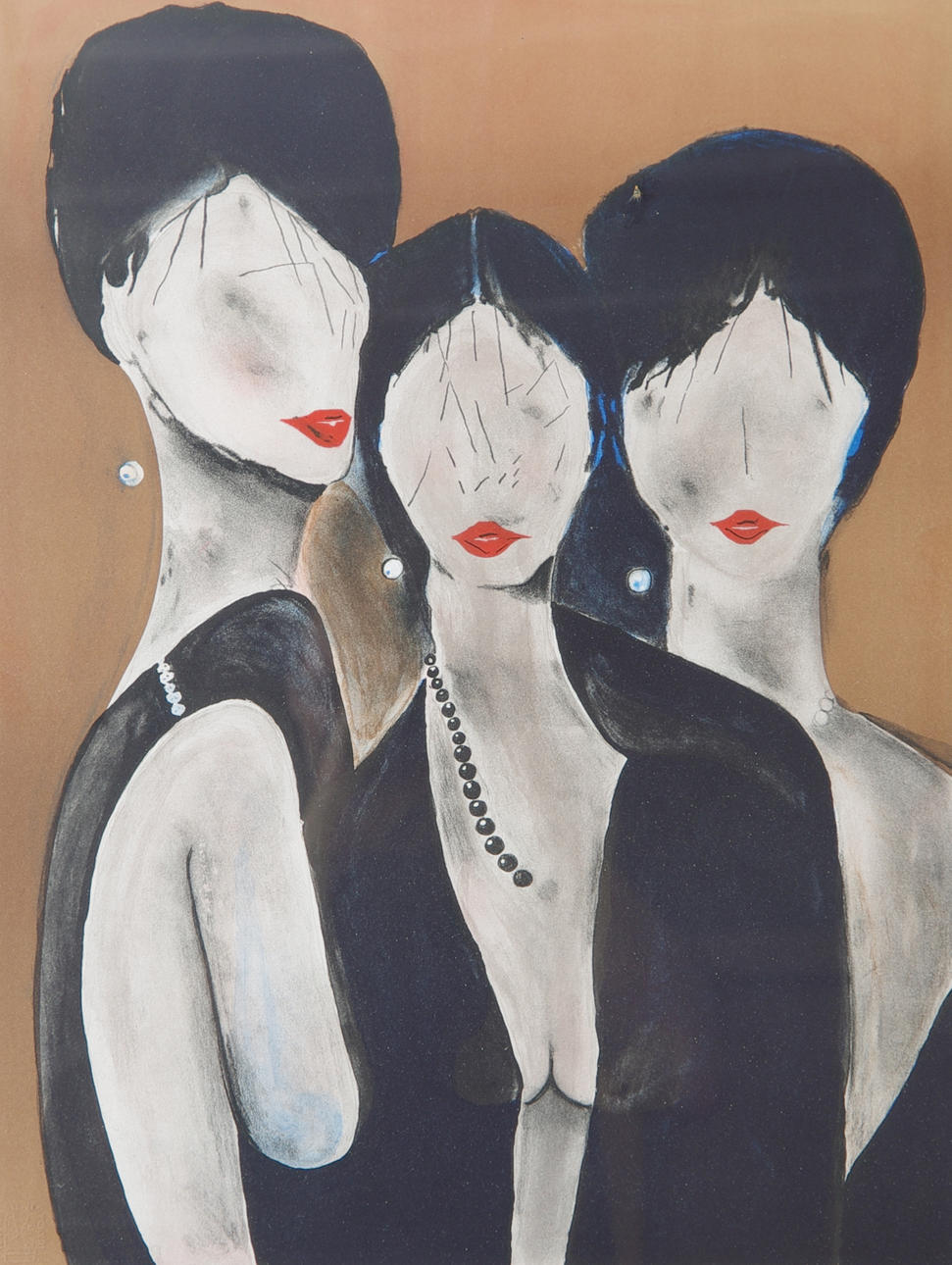 OIDENTIFIERAD KONSTNÄR. Porträtt med 3 kvinnor, färglitografi, signerad Samuelsson.