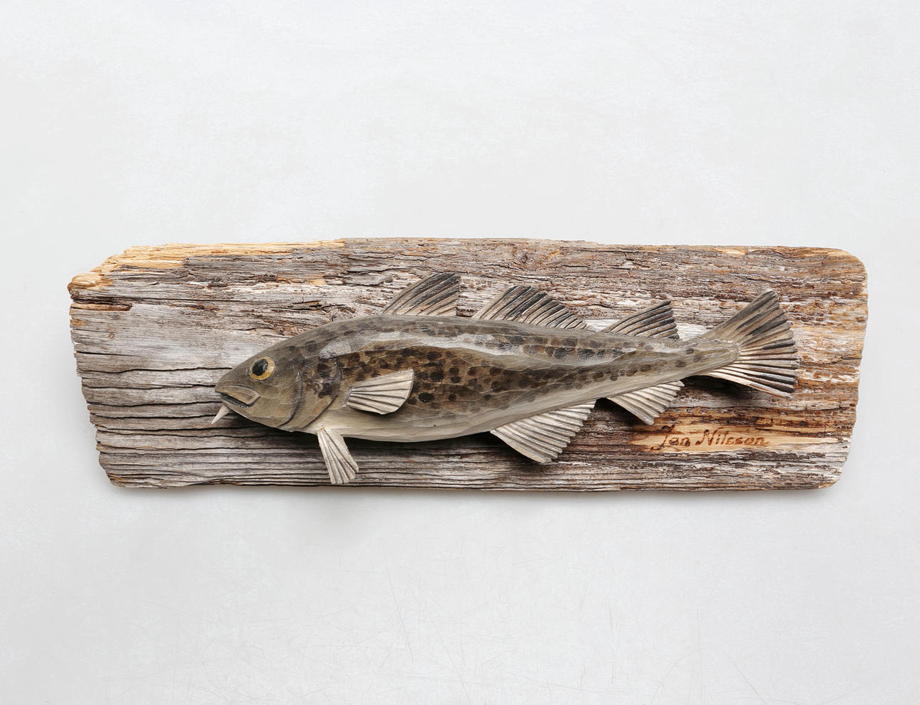 JAN NILSSON. Wall mural, wood, fish, signed.