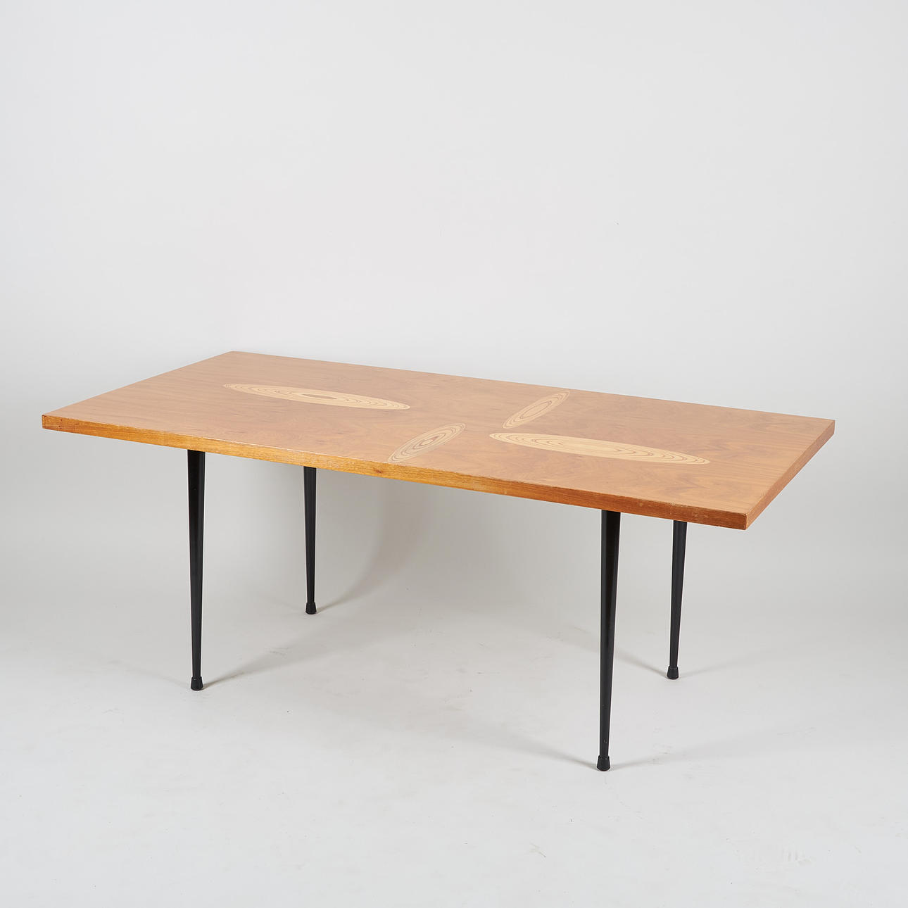 TAPIO WIRKKALA. SOFA TABLE, hardwood and rhythm-veneer, legs in metal ...
