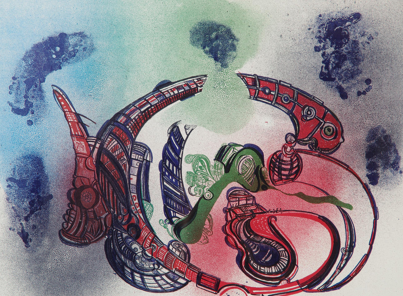 PAUL. "Flykt mot rymdstad", färglitografi, signerad -79.