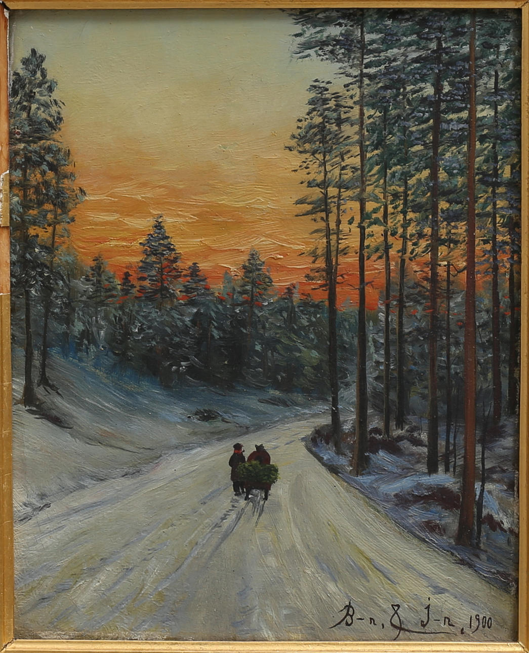 OIDENTIFIERAD KONSTNÄR. Man med häst i vinterskog. Olja på duk, signerad och daterad 1900.