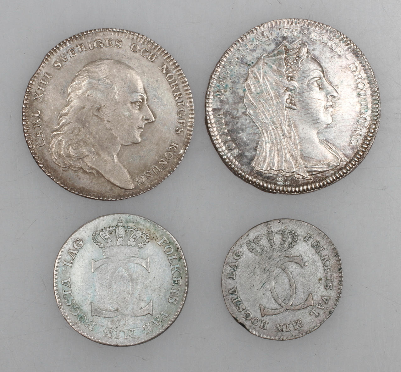 MYNT, 4 st, silver, Karl III, bl.a. 2 st, 1/3 riksdaler.