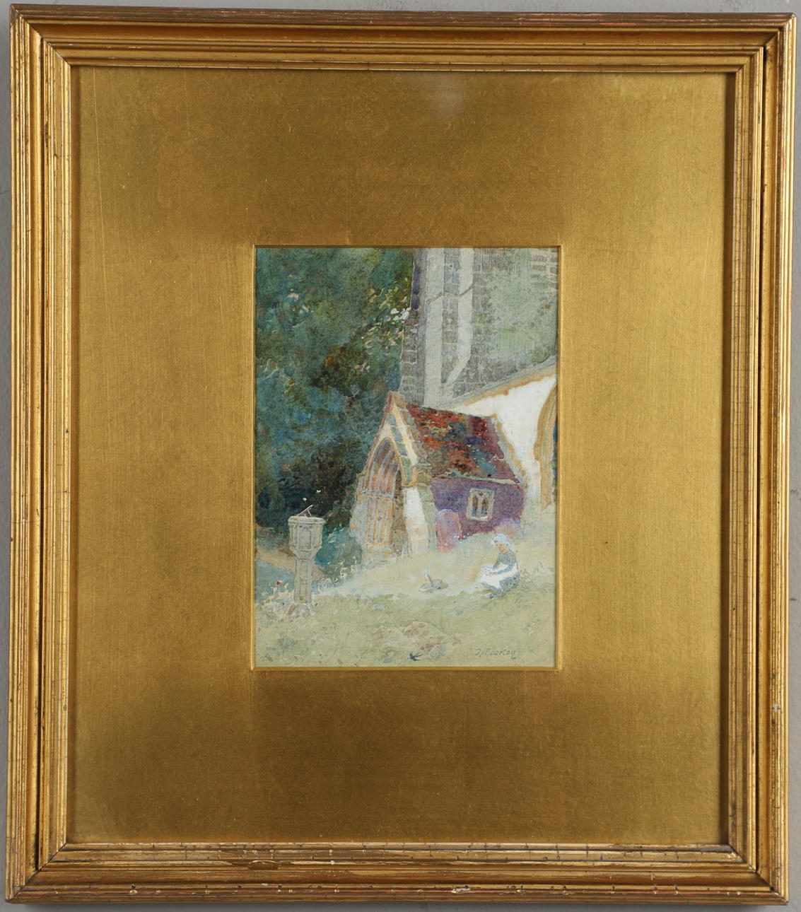 THOMAS MACKAY (1893-1912). GIRL RESTING BY A CHURCH PORCH.