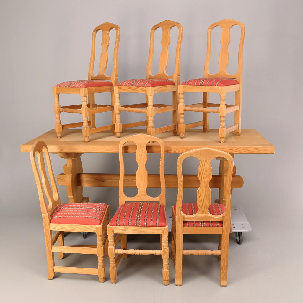 MATGRUPP furu 7 delar, bockbord, 6 stolar, Krogenäs, Norge.