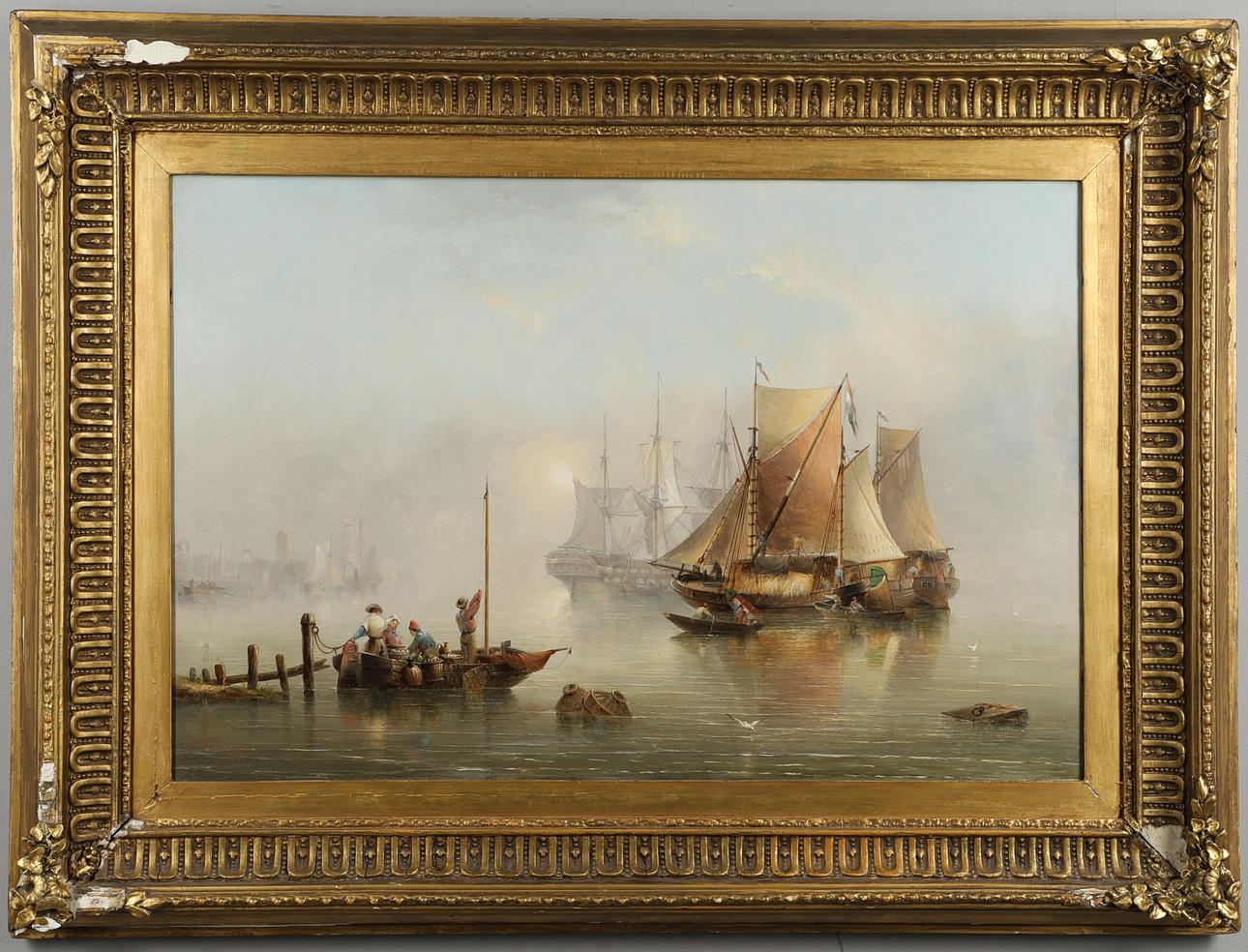 HENRY REDMORE (1820-1887). A FISHING BOAT, A FRIGATE AND HAY BARGES ON A MISTY TWILIGHT MOORING.