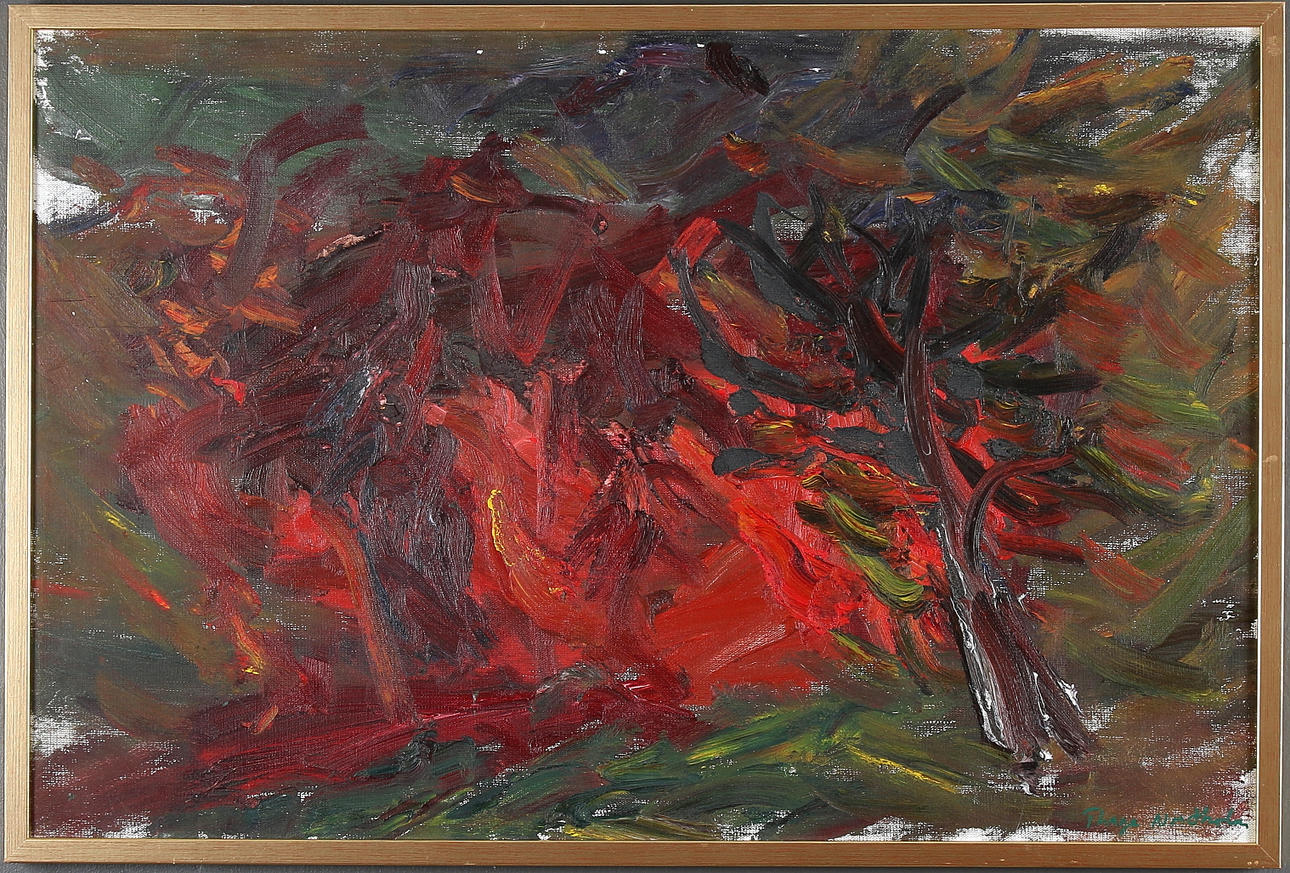 THAGE NORDHOLM. "Höstbrand", olja på duk, signerad.