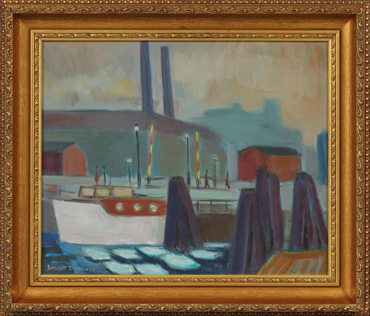 WILGOT LIND. Hamnmotiv. Olja på pannå, signerad och daterad -46.